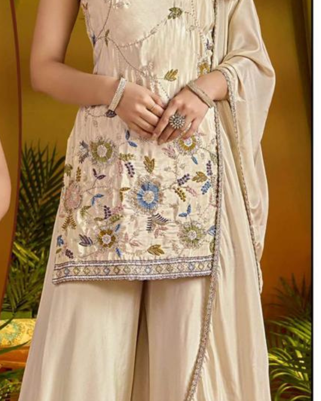Off White Shiny Plazo Suit with Blue Zari Work | Palak By MDK