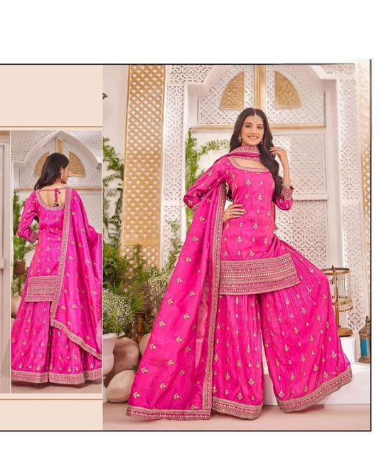 Vibrant Pink Sharara Set with intricate embroidery