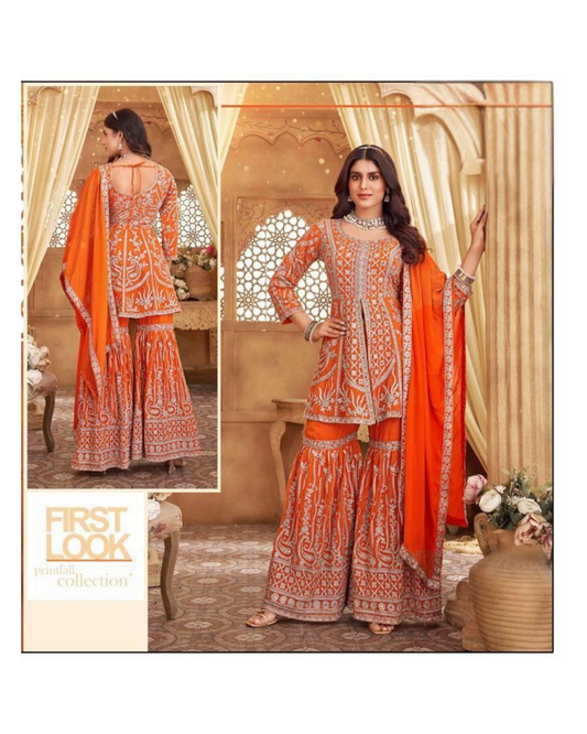 Orange Hue set with heavy Silver Embroidery
