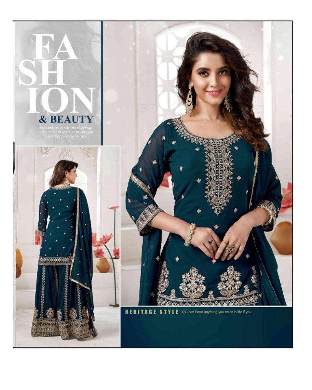 Elegant Teal Green Color set with intricate Golden Embroidery