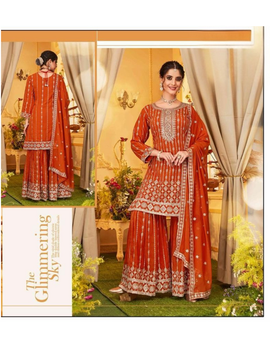 Vibrant Rust Orange Color set with intricate Embroidery