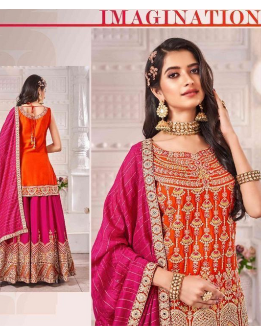 Red sharara set with intricate embroidery for a royal festive look.