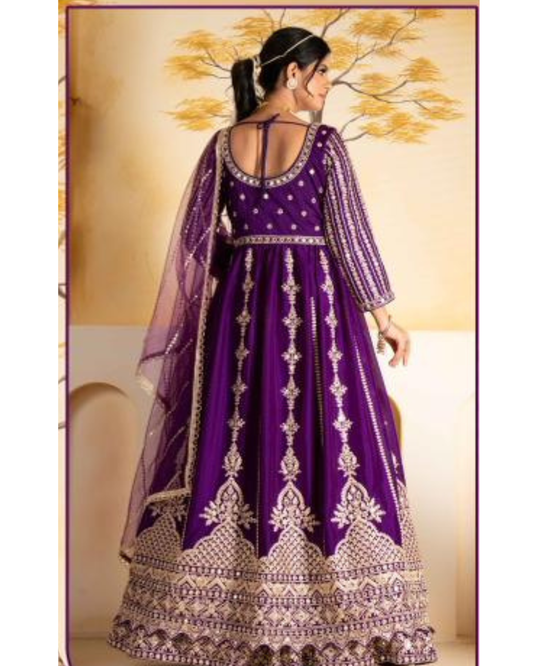 Regal Purple Crepe-Silk Anarkali Suit with Heavy Golden Embroidery & Net Dupatta