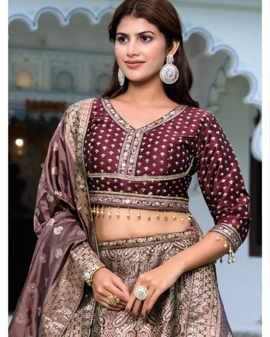 Maroon Brocade Lehenga Set