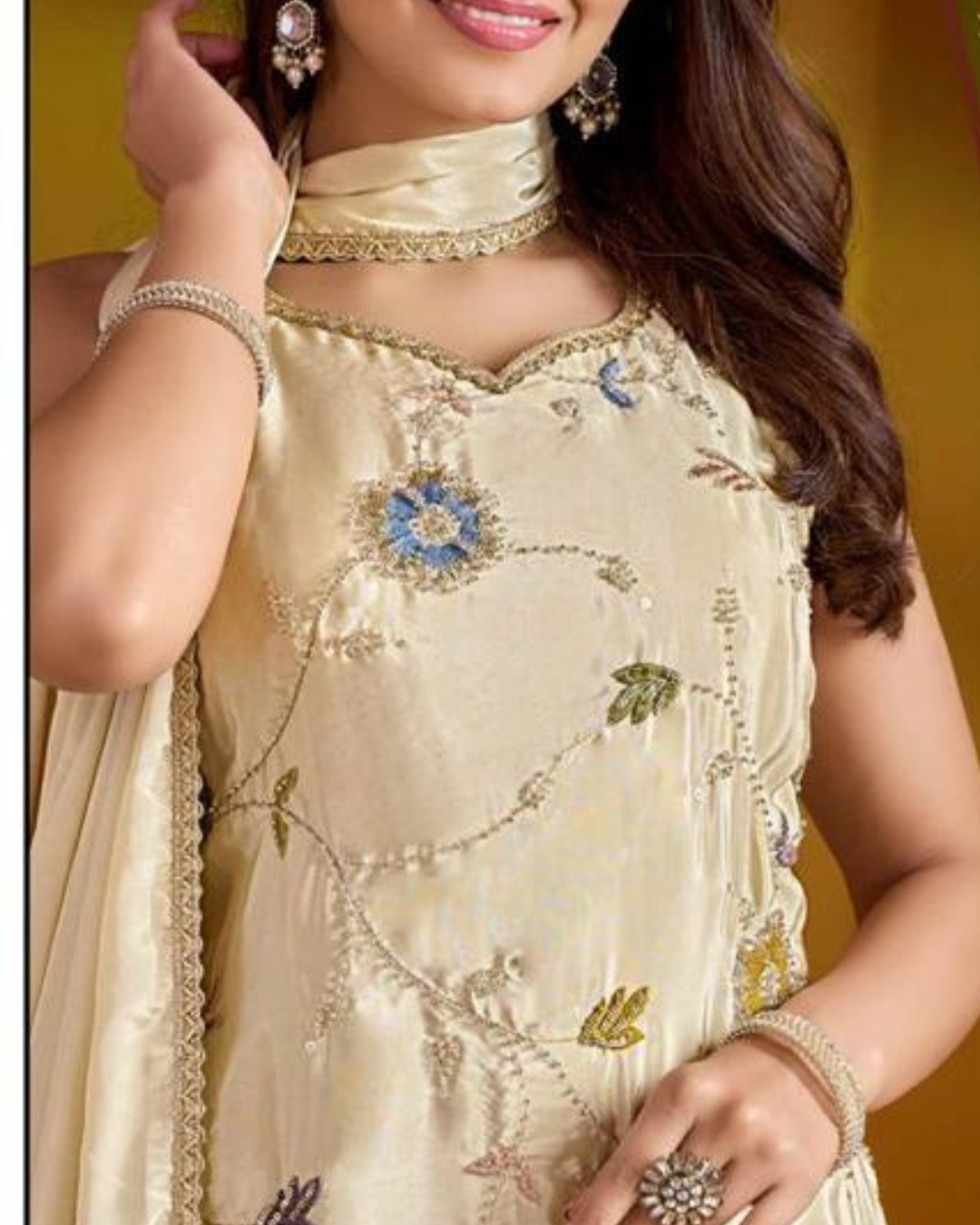 Off White Shiny Plazo Suit with Blue Zari Work | Palak By MDK