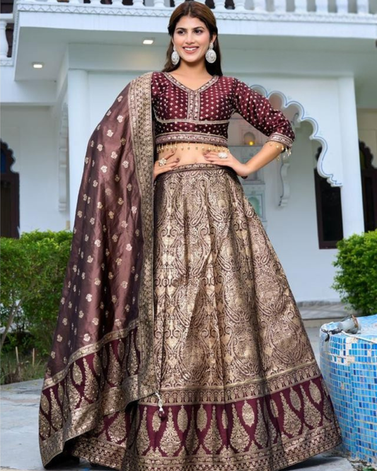 Maroon Brocade Lehenga Set