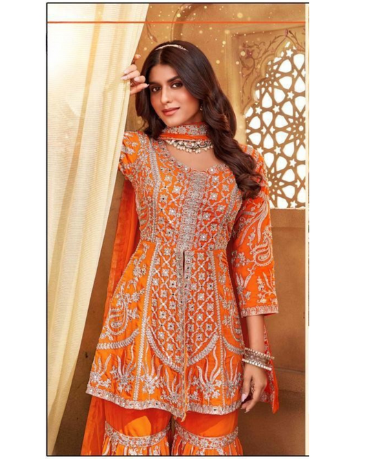 Orange Hue set with heavy Silver Embroidery