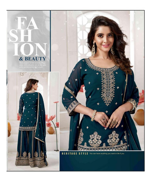 Elegant Teal Green Color set with intricate Golden Embroidery