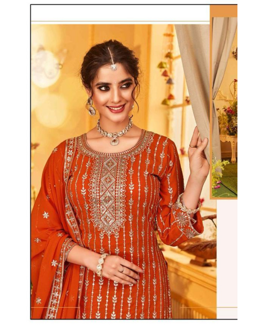 Vibrant Rust Orange Color set with intricate Embroidery