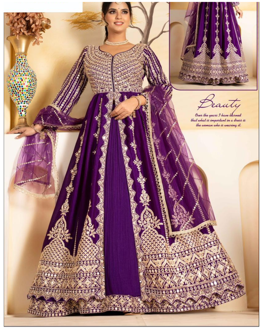 Regal Purple Crepe-Silk Anarkali Suit with Heavy Golden Embroidery & Net Dupatta