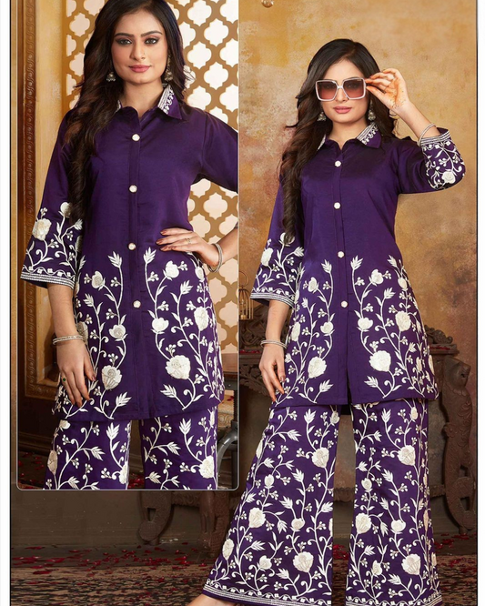Purple 2-piece set with intricate white floral embroidery