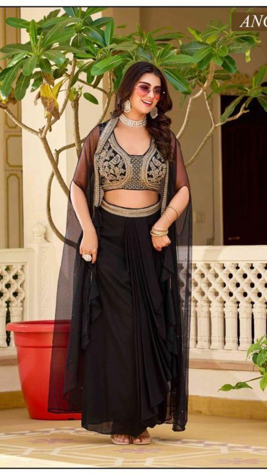 Indo-Western Shrug With Dhoti in Black-Golden