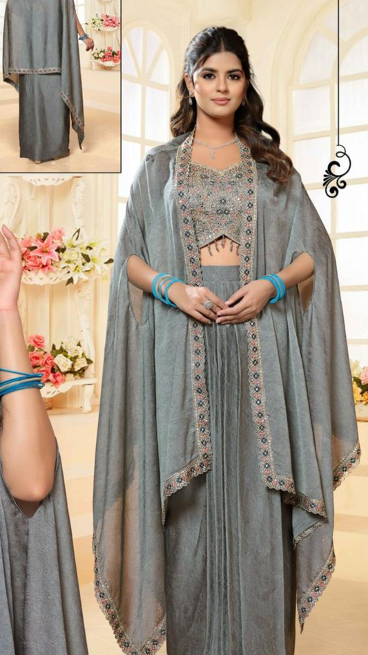 Shrug with Dhoti Set with Premium Embroidered in Grey Colour  | Festive & Occasion Wear