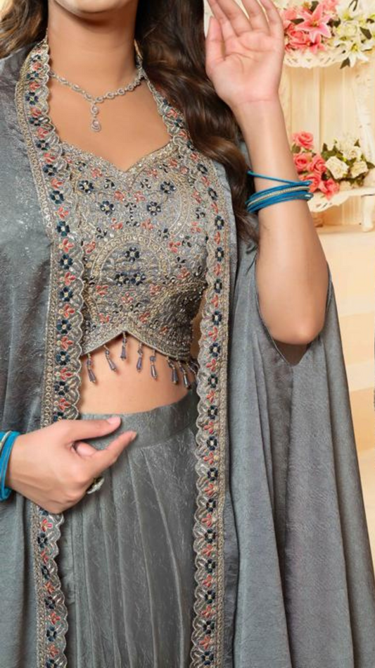 Shrug with Dhoti Set with Premium Embroidered in Grey Colour  | Festive & Occasion Wear