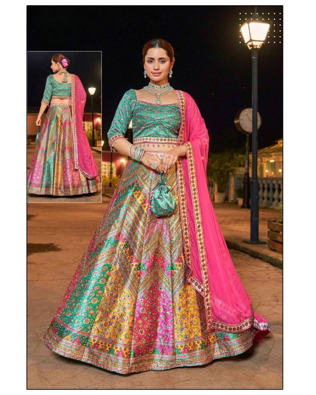 Elegant multi-color lehenga with intricate woven patterns