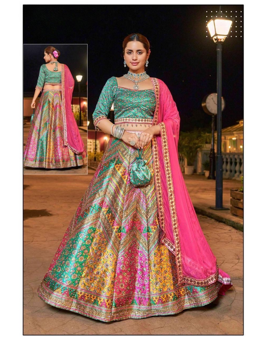 Elegant multi-color lehenga with intricate woven patterns