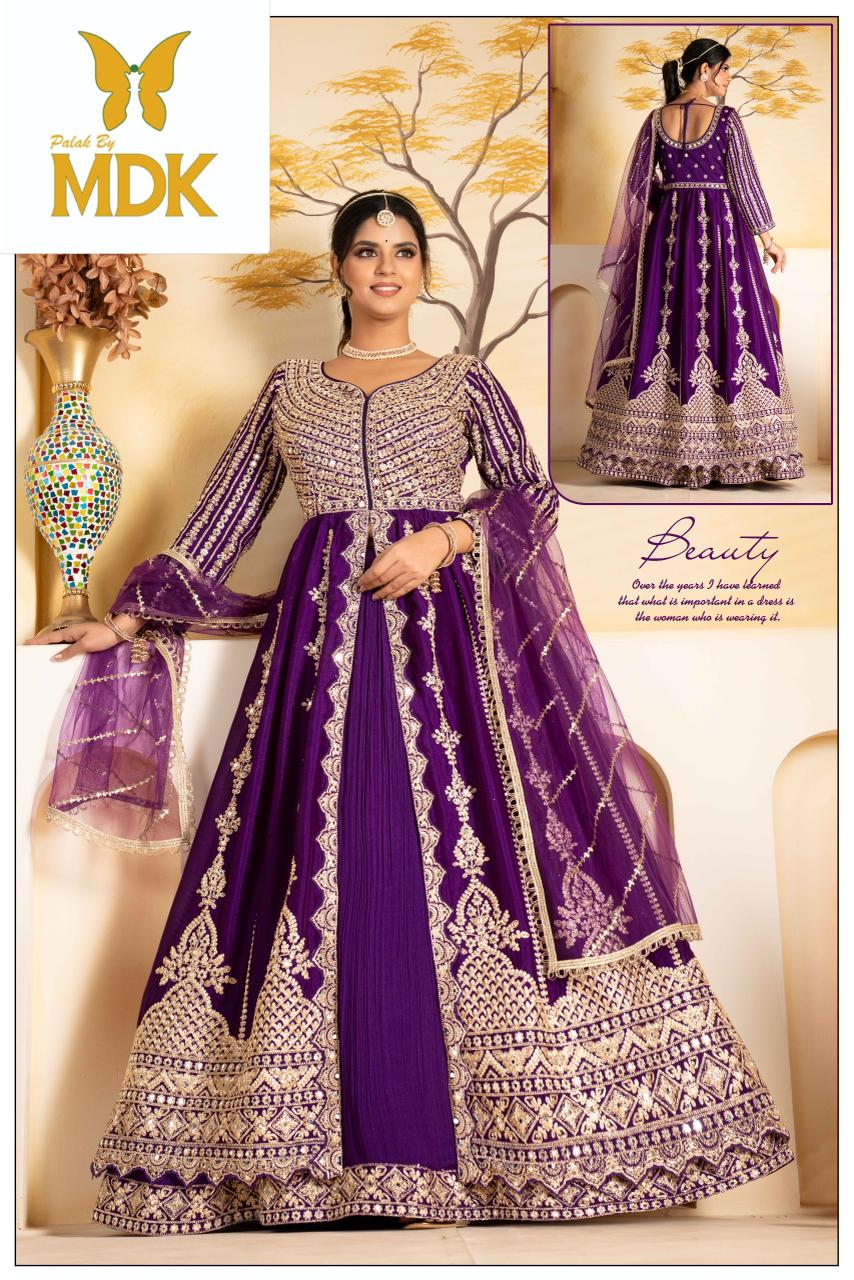 Regal Purple Crepe-Silk Anarkali Suit with Heavy Golden Embroidery & Net Dupatta