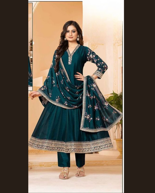 Dark teal Anarkali with graceful flair