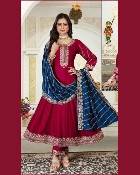 Deep maroon Anarkali with embroidery
