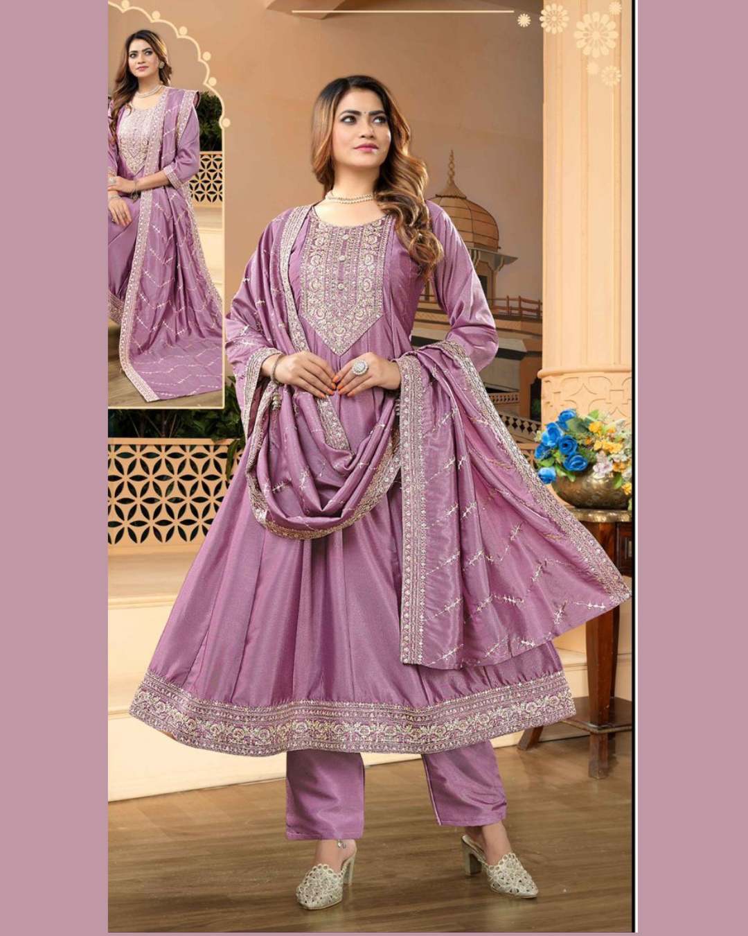 Stunning mauve Anarkali in rich silk