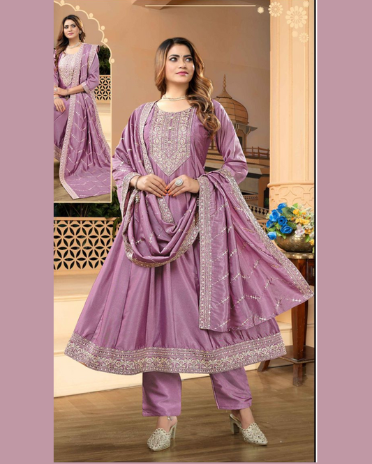 Stunning mauve Anarkali in rich silk