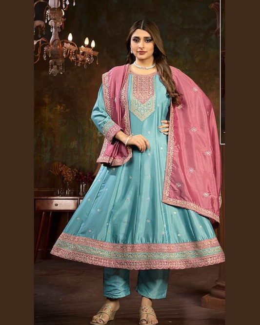 Soft blue Anarkali with embroidery