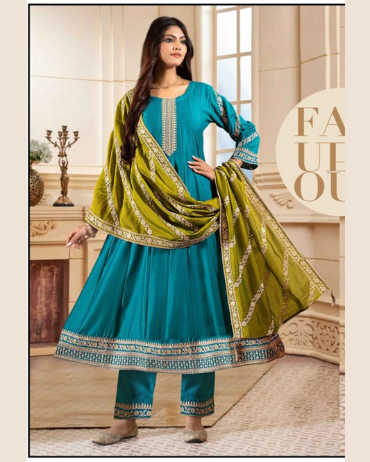 Gorgeous teal Anarkali with zari