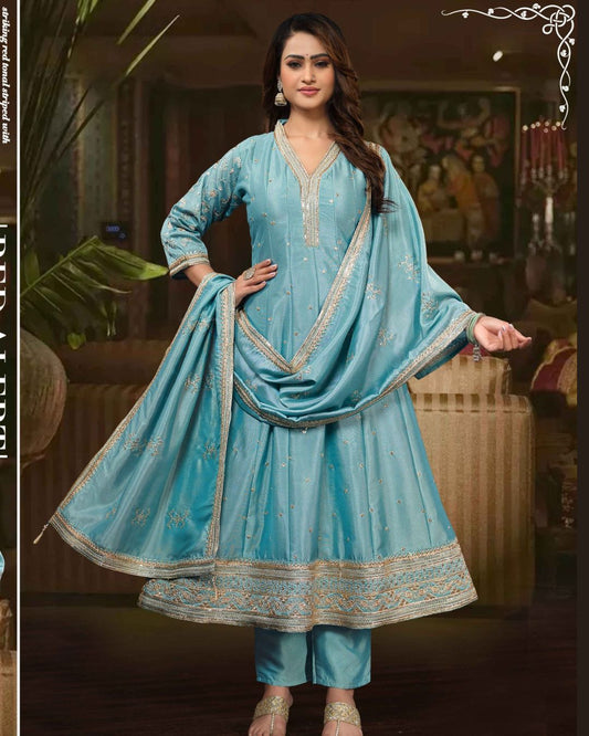 Sky blue Anarkali with golden threadwork