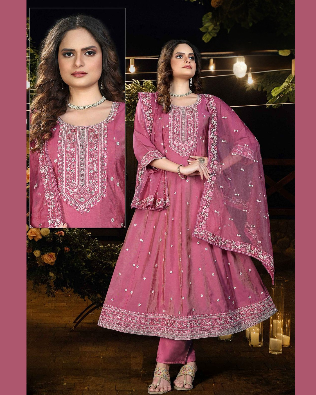 Rose pink Anarkali with fine thread