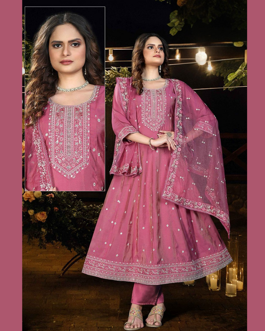 Rose pink Anarkali with fine thread