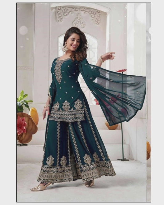 Elegant Teal Green Color set with intricate Golden Embroidery